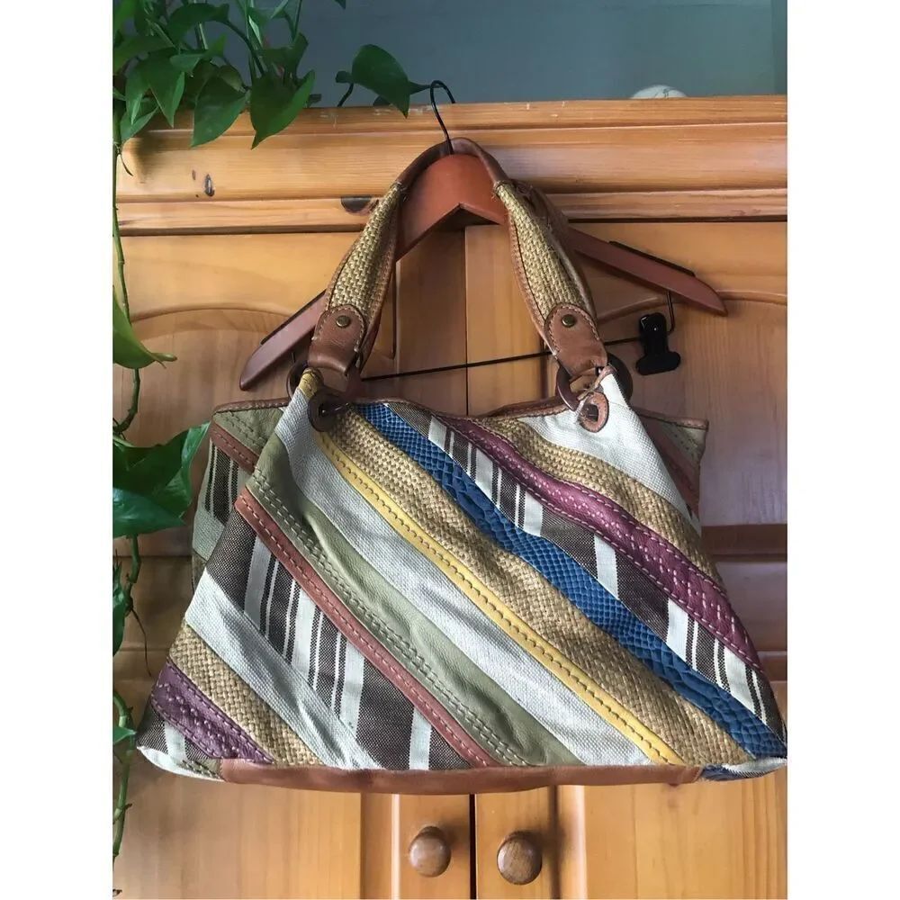 Fossil Patchwork Striped Canvas Triple Compartment Satchel
